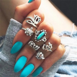 Midi Rings Set for Women 2017 New Fashion  Boho Chic Moon Flowers Rose Antique Silver Plated Jewelry Accessories 11pcs/set 