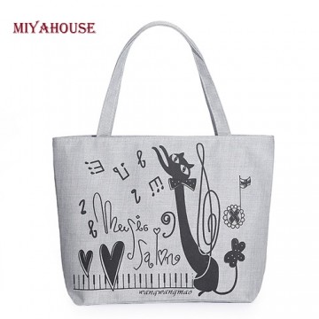 Miyahouse Women Canvas Handbag Character Cat Printed Shoulder Handbag Female Large Capacity Ladies Beach Bag Women Canvas Tote32380888464
