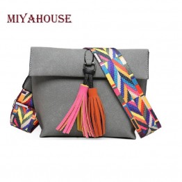 Miyahouse Women Scrub Leather Design Crossbody Bag Girls With Tassel Colorful Strap Shoulder Bag Female Small Flap Handbag