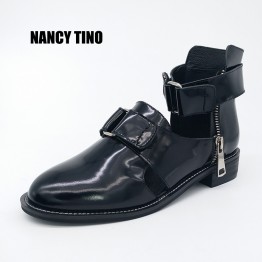 NANCY TINO 2017 New Women Shoes Sandals Summer Leather Boots Fashion Womens Ankle Motorcycle Hook & loop Solid Square Heel Boots