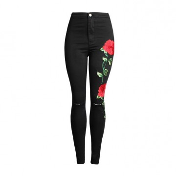 New 2017 Women's Vintage Embroider Flowers jeans Sexy Ripped Pencil Stretch Denim Pants Female Slim Skinny Trousers Jeans 2102