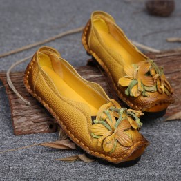 New Autumn Flowers Handmade Shoes Women's Floral Soft Flat Bottom Shoes Casual Sandals Folk Style Women Genuine Leather Shoes