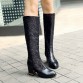 New Fashion Pointed Toe Women Knee High Boots Thick Heels Zipper Sexy Cutout Mesh Boots Summer Cool Boots Gold Women's Shoes