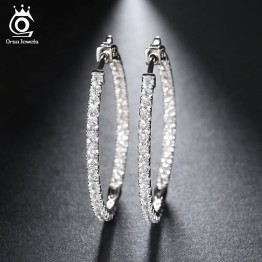 ORSA JEWELS 2017 Silver Color High Polished Hoop Earrings Paved with AAA Austrian Cubic Zirconia for Wedding Party Jewelry OE137