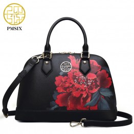 Pmsix Autumn And Winter New Women Leather Bag Flower Printing Black Fashion Shell bag Retro Tote Bag Designer Handbag P120087