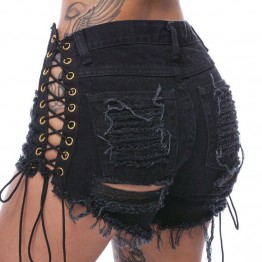 Punk Rock lace up black denim shorts sexy hole ripped shorts women tassel short jeans 2017 summer casual pockets shorts bottoms