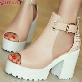 QUTAA Fashion Ladies Summer Shoes Square High Heel PU leather Peep Toe PatChwork Woman Pumps Ladies Wedding Shoe Size 34-43
