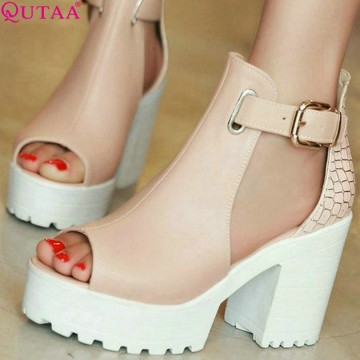 QUTAA Fashion Ladies Summer Shoes Square High Heel PU leather Peep Toe PatChwork Woman Pumps Ladies Wedding Shoe Size 34-4332645301820
