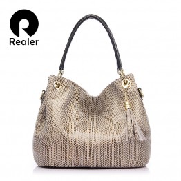 REALER brand handbag women genuine leather bag female hobos shoulder bags high quality leather tote bag