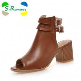 S.Romance Plus Size 34-43 New Fashion Women Sandals Gladiator Mid Squre Heel Casual Woman Shoes Solid Black Beige Brown SS419