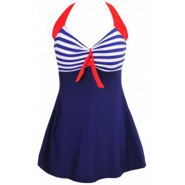 Sexy Plus Size Stripe Padded Halter Skirt Swimwear Women One Piece Suits Swimsuit Beachwear Bathing Suit Swimwear Dress M To 4XL