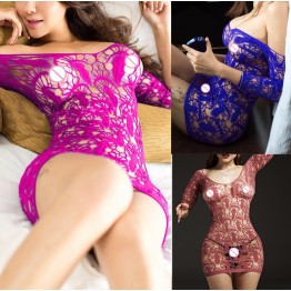 Sexy crochet Fish Net  Lingerie Babydoll baby doll dress perforate Underwear  Bodysuits negligee long sleeve Chemises  6083