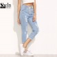 SheIn Women Summer Pants Casual Trousers For Ladies Blue Ripped Mid Waist Drawstring Skinny Denim Calf Length Jeans