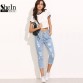 SheIn Women Summer Pants Casual Trousers For Ladies Blue Ripped Mid Waist Drawstring Skinny Denim Calf Length Jeans