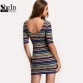 SheIn Womens New Arrival Summer Dresses 2016 Sexy Club Multicolor Vintage Print Round Neck Half Sleeve Bodycon Dress