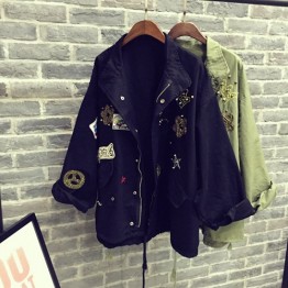 Sherhure 2017 Women Jacket Coat Fashion Bomber jacket Embroidery Applique Rivets Oversize Women Coat Army Green Cotton Coat