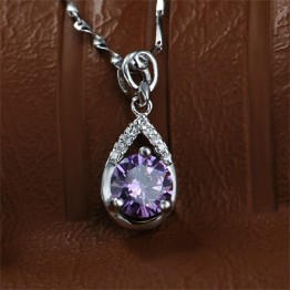 Silverwill Genuine 925 Silver Purple White Water Drop Stone Pendant Necklace Romantic Fine Jewelry for Girl Bijoux Birthday Gift