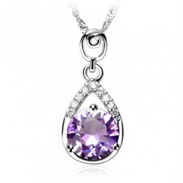 Silverwill Genuine 925 Silver Purple White Water Drop Stone Pendant Necklace Romantic Fine Jewelry for Girl Bijoux Birthday Gift