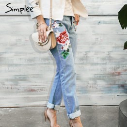Simplee Floral embroidery jeans female Winter zipper straight denim pants jeans women Fashion pocket light blue trousers jeans