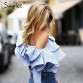 Simplee One shoulder ruffles blouse shirt women tops 2016 autumn Casual blue striped shirt Long sleeve cool blouse winter blusas32742682448