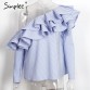Simplee One shoulder ruffles blouse shirt women tops 2016 autumn Casual blue striped shirt Long sleeve cool blouse winter blusas32742682448