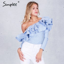 Simplee One shoulder ruffles blouse shirt women tops 2016 autumn Casual blue striped shirt Long sleeve cool blouse winter blusas
