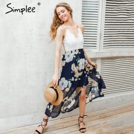 Simplee Sexy print lace summer dress Strap deep v neck high waist beach dresses women 2017 new slit backless long dress