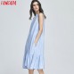 Tangada Fashion Women Long Tank Dress Cotton Blue Ruffles Beach Summer Sleeveless Loose Casual Brand Vestidos Mujer Sundress32716686450