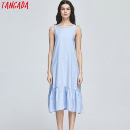 Tangada Fashion Women Long Tank Dress Cotton Blue Ruffles Beach Summer Sleeveless Loose Casual Brand Vestidos Mujer Sundress