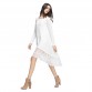 Trendy Casual Women Autumn Dress Round Collar Long Sleeve Mid-Calf Lace Spliced High-low Hem Solid Color Straight Dresses