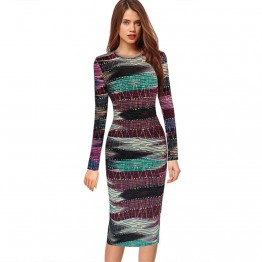 Trendy Sexy Women Sheath Dress Round Collar Allover Print Long Sleeve  Knee-Length Colormix Party Bodycon Dresses