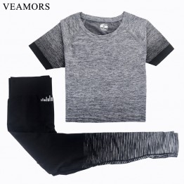 VEAMORS Women Sport Yoga Set Suit ,Gym Running Yoga Shirt Tops + Elastic Fitness Pants Tights Leggings Workout Clothes Tracksuit