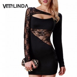 VESTLINDA Trendy Lace Bodycon Dress Women 2017 Long Sleeve Mini Party Dresses Sexy Hollow Out Vestido De Festa Black Short Dress