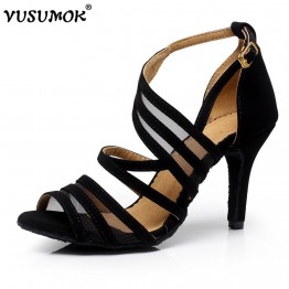 VUSUMOK Women Dance Shoes Modern velvet net Latin Tango Salsa Ballroom Shoes Ladies Girls Party Square Lace Heels