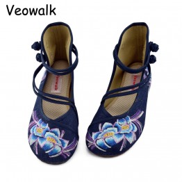 Veowalk Plus Size 41 Fashion Spring Women's Shoes Chinese Casual Flats For Women Flower Embroidered Mary Janes Walking Shoes