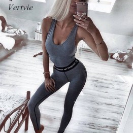 Vertvie 2 Pieces Yoga Sets Letter Print Crop Top Shirts + Slim Legging Fitness Pants Sports Sets Gym Running Clothing For Women