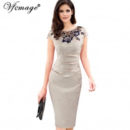 Vfemage Womens embroidery Elegant Vintage Dobby fabric Hollow out embroidered Ruched Pencil Bodycon Evening  Party Dress 3543