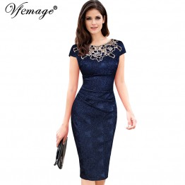 Vfemage Womens embroidery Elegant Vintage Dobby fabric Hollow out embroidered Ruched Pencil Bodycon Evening  Party Dress 3543
