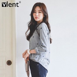 Vlent Leaves Embroidery Autumn Tops Cotton Casual Striped Long Sleeve Shirt Women Office Blouses Shirts Plus Size Blouse Blusas