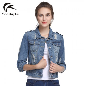 VooBuyLa Brand Plus Size 5XL 6XL Summer Denim Jacket Women 2017 Three Quarter Slim Cotton Light Washed Short Jeans Jacket Coats32676736596