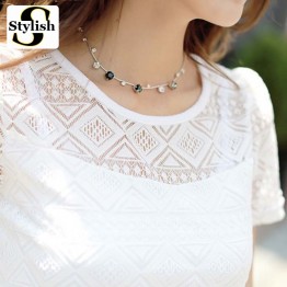 White Blouse Lace Chiffon Short Sleeve Summer Women Tops 2016 New Fashion Korean Hollow Out Ladies Shirt Office Female Clothing