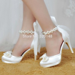 Woman Shoes White Ivory High Heel Round Toe Platform Ankle Strap Satin Pumps Women's Wedding Bridal Shoes Prom Dress ShoeEP11074