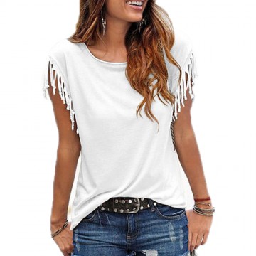 Women Cotton Tassel Casual Blouses Short-sleeved Solid Color Shirts Top Short Sleeve O-neck Women&#39;s Clothing Blouse32698275294