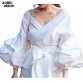 Women Fashion White Ruffles Blouse V Neck Ladies Elegant Tops Clothing Shirts Tops Female Clothes Blouses Shirt with Bow Tie32662183254