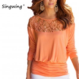 Women Lace Stitching Chiffon Blouses Loose Type Slash neck Shirts Solid Color Three Quarter Sleeve Women Summer Blouse