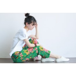 Women New Summer Harem Pants Floral Print Casual Chinese 2016 National Cotton Linen Bottoms peony print Elastic Mid-waist Capris