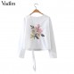 Women back sweet floral embroidery full cotton blouse hem bow O-neck long sleeve shirts ladies casual brand tops blusas LT1257