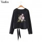 Women back sweet floral embroidery full cotton blouse hem bow O-neck long sleeve shirts ladies casual brand tops blusas LT125732746913250