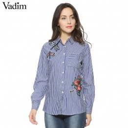 Women floral dragonfly embroidery full cotton striped blouse long sleeve long shirt European ladies casual tops blusas LT1275