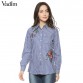 Women floral dragonfly embroidery full cotton striped blouse long sleeve long shirt European ladies casual tops blusas LT127532748365748